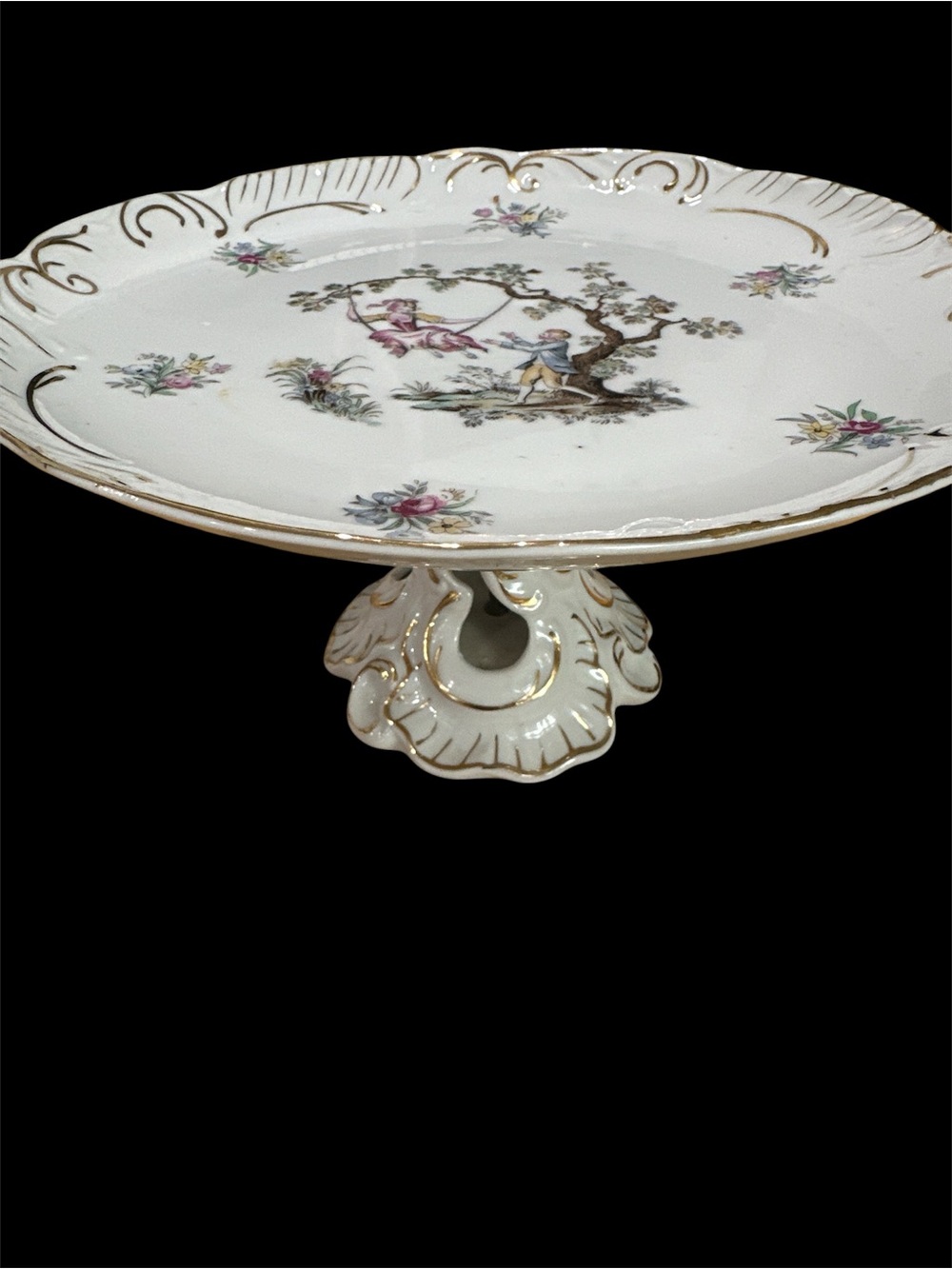 Porcelain Pedestal Cake Stand with Pink Floral Motif and Gold Trim